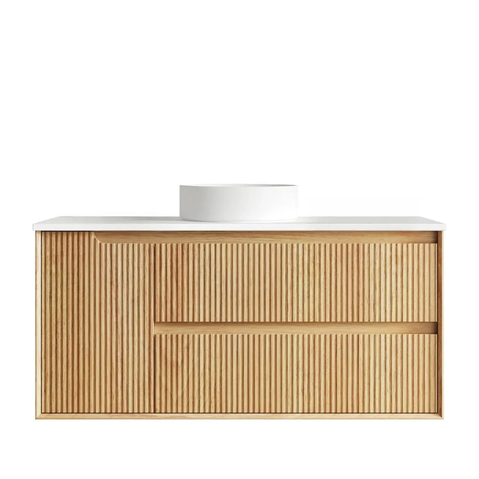 Otti Byron Fluted Woodland Oak Wall Hung Vanity with Matte White Top - Image 9