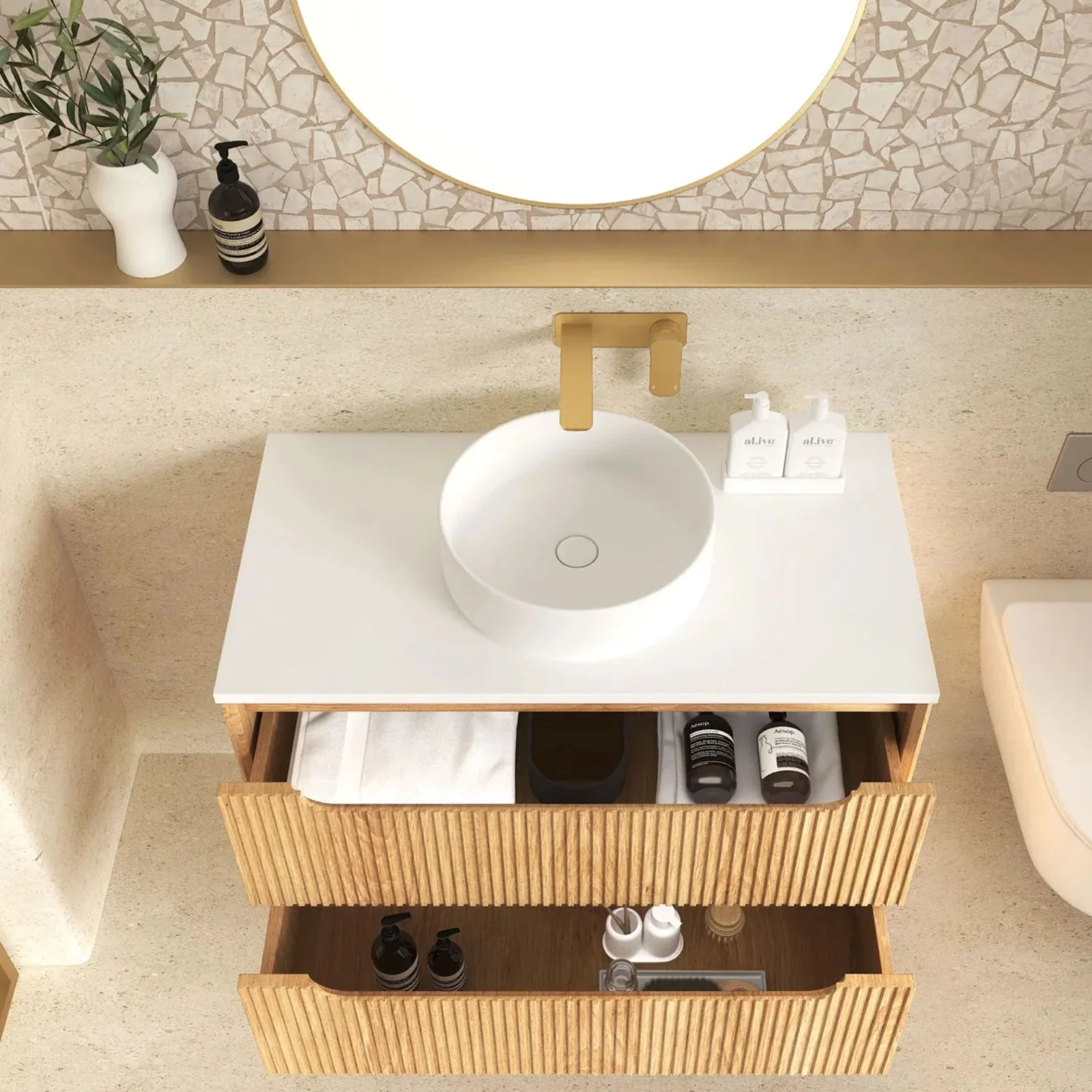 Otti Byron Fluted Woodland Oak Wall Hung Vanity with Pure White Top - Image 6